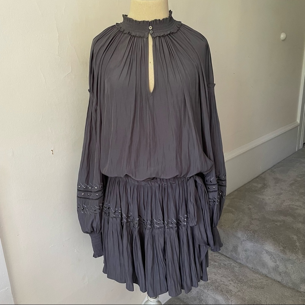 Ramy Brook Gray Studded Embroidery Crochet Mockneck Blouson Side Tie Dress EUC S